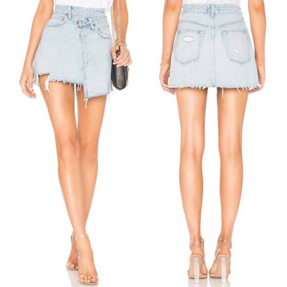 AGOLDE Skirt Womens 24 Blue Denim Mini Asymmetrical Distressed Frayed - Picture 1 of 7